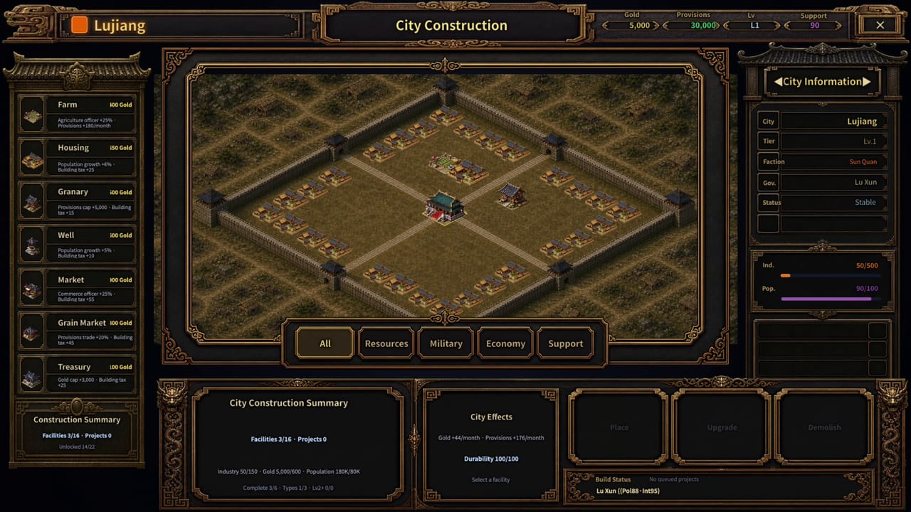City development interface with buildings arranged inside the walls