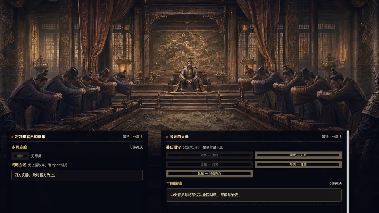 君主与官员齐聚国政会议的游戏画面