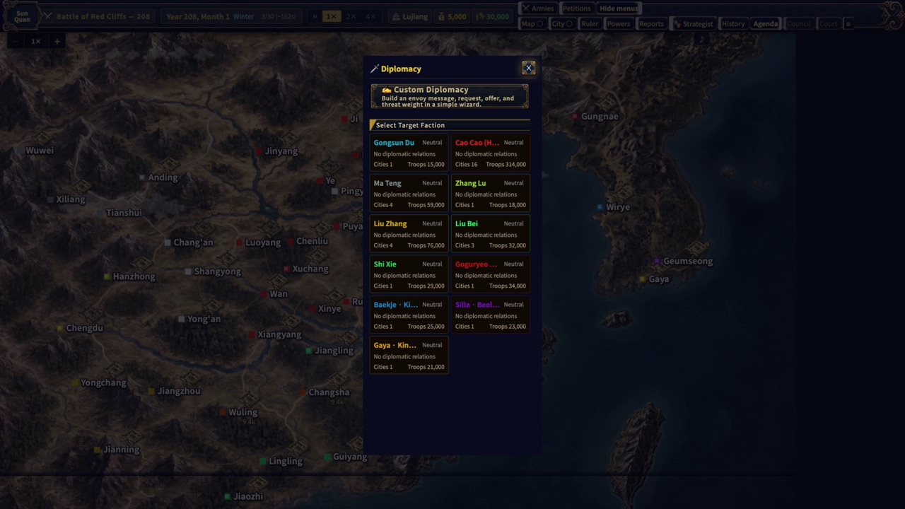 Faction selection in the Three Kingdoms Online diplomacy screen